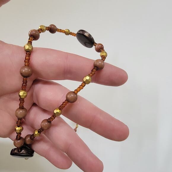 Brown and Gold Beaded Necklace with Round Accents Boho Earthy Seed Bead Jewelry - Picture 9 of 10
